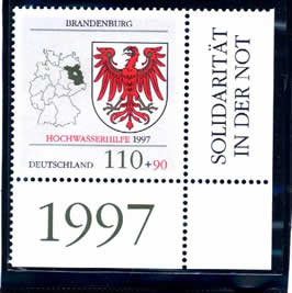 The ODER river brust in 1997. Brandenburg state suffered pluvial hit. German post urgent issued a set stamp used a stamp former planed with the state's badge and add "Rescue flood 1997" and red attach value, it become a special stamp