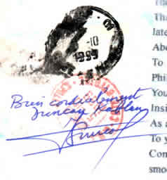 An autograph of Premier Duncan and two arrival mark (enlarged)