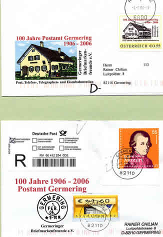 2006.2.1.贴有该邮票从奥地利寄往德国的首日封; .贴有德国邮票从德国Germering邮局发出的首日纪念封 