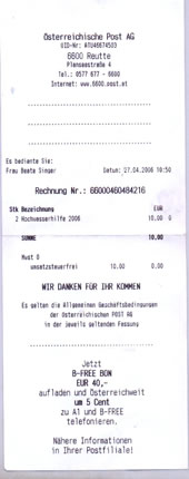 奥地利洪水邮票:在2006年4月21日发行,事先没有预告,面值是0.75+4.25欧元[这个面值是奥地利邮政为了捐助洪水受灾者设置的]该邮票在老票上面加印了黑字:洪水救助2006,面值是75+425=5欧元